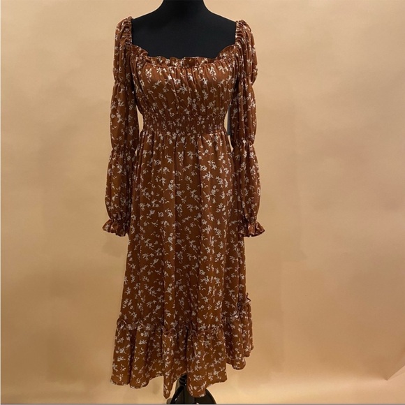 ASTR the Label Caramel Floral Cinched Midi Peasant Dress XS - Picture 8 of 12